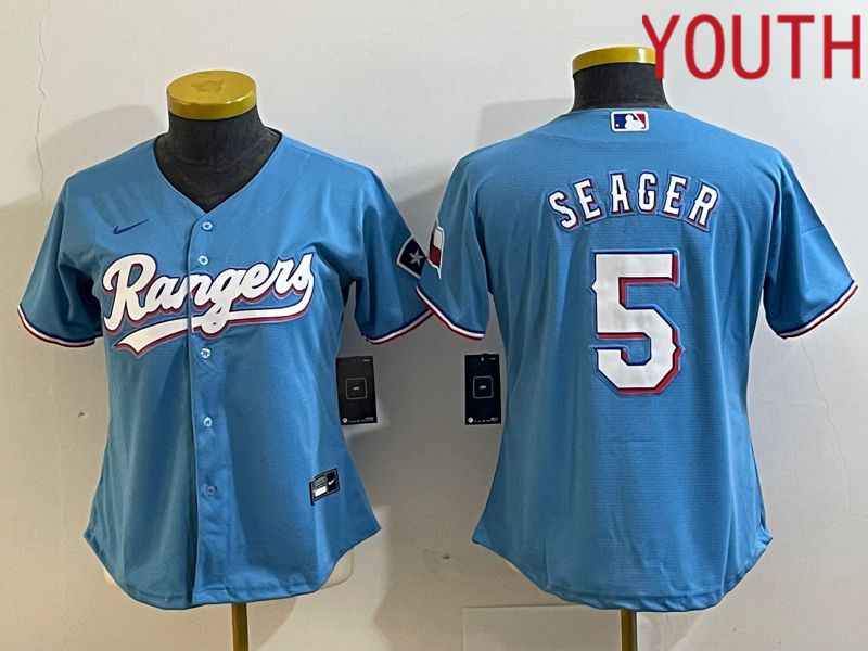 Youth Texas Rangers #5 Seager Light Blue Game Nike 2023 MLB Jersey style 1